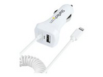Lightning Car Charger with 1m Coiled Lightning Cable, 12W, White, 2 Port USB Car Charger Adapter for Phones and Tablets, In Car Apple iPhone/iPad Charger w/ Built-in Cord
