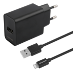 Väggladdare 12W, USB-A Lightning MFi, kabel 1m, Svart