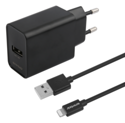 Väggladdare 12W, USB-A Lightning MFi, kabel 1m, Svart