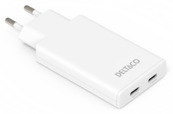 USB-C wall charger 67 W, 2x USB-C PD, slim, tot 67 W, white