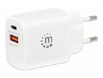 Manhattan Wall/Power Mobile Device Charger (Euro 2-pin), USB-C and USB-A ports, USB-C Output: 30W, USB-A Output: 18W, White, Phone/Tablet Charger, Three Year Warranty, Retail Box