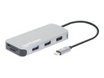 Manhattan USB-C Dock/Hub with Card Reader, Ports (x6): Ethernet, HDMI, USB-A (x3) and USB-C, With Power Delivery (10W) to USB-C Port (Note additional USB-C wall charger and USB-C cable needed), Cable 15cm, Aluminium, Silver, Three Year Warranty, Retail Box