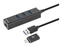 Manhattan USB-C & USB-A Combo Dock/Hub, Ports (4): Ethernet and USB-A (x3), 5 Gbps (USB 3.2 Gen1 aka USB 3.0), External Power Supply Not Needed, USB-A Male with Attachable USB-C Male Adapter, SuperSpeed USB, Black, Three Year Warranty, Retail Box