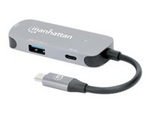 Manhattan USB-C Dock/Hub, Ports (x3):  HDMI, USB-A and USB-C, With Power Delivery (100W) to USB-C Port (Note add USB-C wall charger and USB-C cable needed), All Ports can be used at the same time, Aluminium, Space Grey, Three Year Warranty, Retail Box