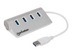 Manhattan USB-A 4-Port Hub, 4x USB-A Ports, 5 Gbps (USB 3.2 Gen1 aka USB 3.0), Bus Powered, Fast charging up to 0.9A, SuperSpeed USB, Aluminium Housing, Windows and Mac, Silver, Three Year Warranty, Blister