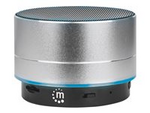 Manhattan Metallic Bluetooth Speaker (Clearance Pricing), Splashproof, Range 10m, microSD card reader, Aux 3.5mm connector, USB-A charging cable included (5V charging), Silver, Three Years Warranty