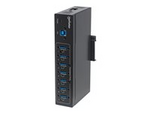 Manhattan USB-A 7-Port Hub Industrial, 7x USB-A Ports, 5 Gbps (USB 3.2 Gen1 aka USB 3.0), 20 kV ESD Protection, A/C, Bus and Terminal-Block Power Options, DIN Rail, Wall Mountable, Metal Housing, Screw-Lock Security, SuperSpeed USB, Black, Three Year Warranty, Box
