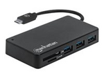 Manhattan USB-C Dock/Hub with Card Reader, Ports (x3): USB-A (x3), 5 Gbps (USB 3.2 Gen1 aka USB 3.0), External Power Supply Not Needed, SuperSpeed USB, Black, Three Year Warranty, Retail Box