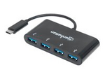Manhattan USB-C Dock/Hub, Ports (x4): USB-A (x4), 5 Gbps (USB 3.2 Gen1 aka USB 3.0), External Power Supply Not Needed, Cable 20cm, SuperSpeed USB, Black, Three Year Warranty, Blister