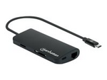 Manhattan USB-C Dock/Hub with Card Reader, Ports (x5): Ethernet, USB-A (3) and USB-C, 5 Gbps (USB 3.2 Gen1 aka USB 3.0), With Power Delivery (100W) to USB-C Port (Note additional USB-C wall charger and USB-C cable needed), Aluminium, Black, Three Year Warranty